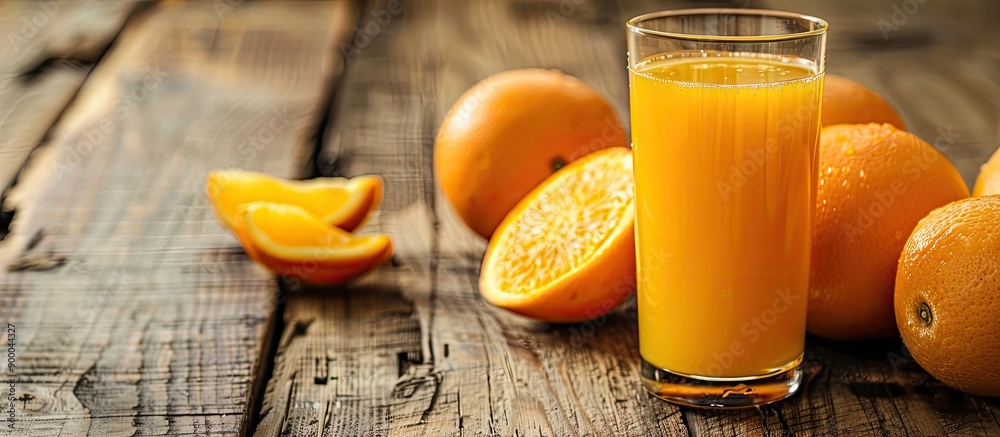 Poster freshly squeezed orange juice in a glass with oranges on wooden surface reflects a healthy lifestyle