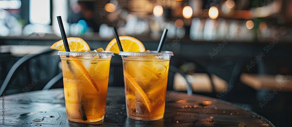 Aufkleber two refreshing iced yuzu orange coffee specials beautifully presented on a black table in a cafe set