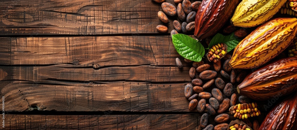 Aufkleber Wooden table displaying cocoa pods and beans with available copy space for text