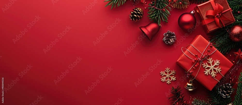 Poster top view of christmas and new year decorations including a tree gift box snowflakes and bells agains