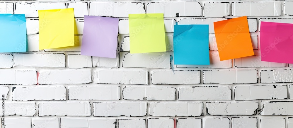 Aufkleber Pinboard displaying adhesive notes against a white brick wall leaving space for an image. with copy space image. Place for adding text or design