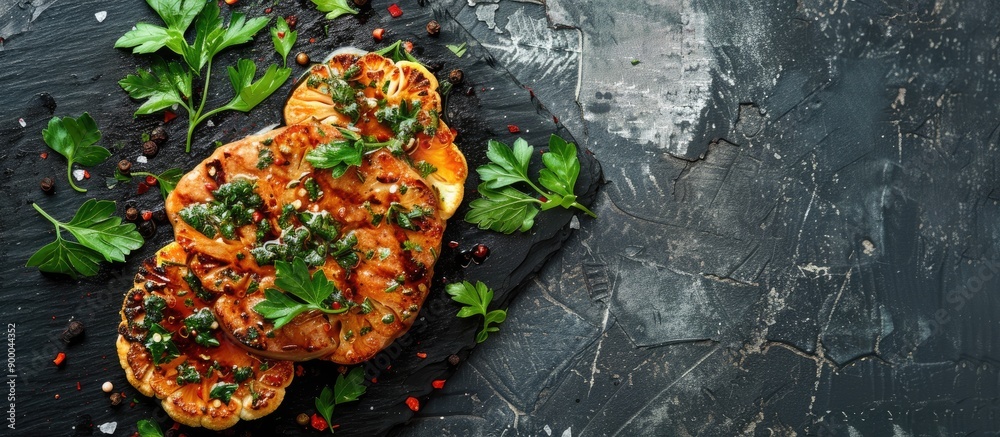 Aufkleber cauliflower steak seasoned with herbs and spices displayed on a dark stone surface with copy space f