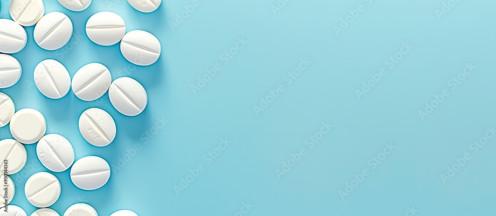 Aufkleber white pills arranged neatly on a blue backdrop with ample copy space image