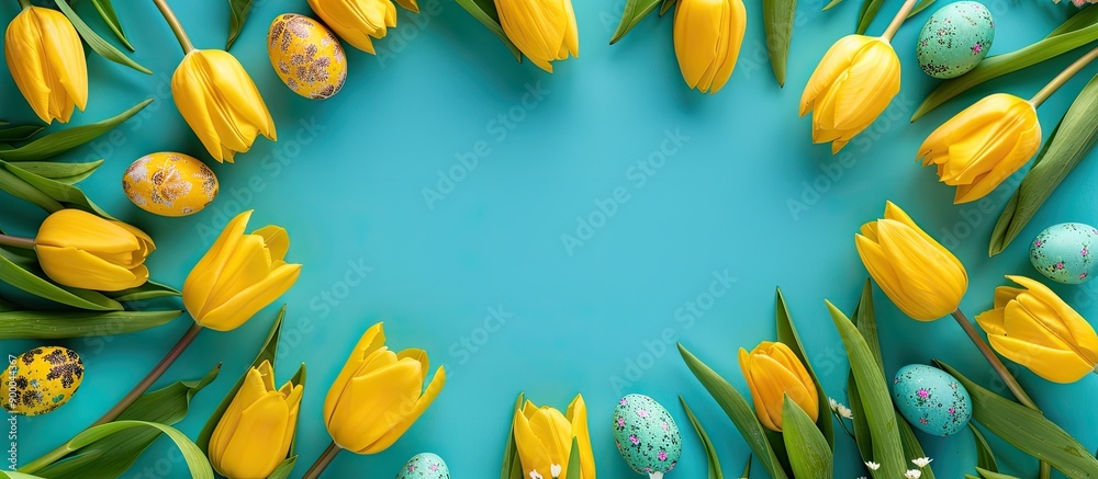 Poster Flat lay with Easter eggs yellow tulips in a circle on a turquoise blue background creating a beautiful spring concept with room for additional content in the image