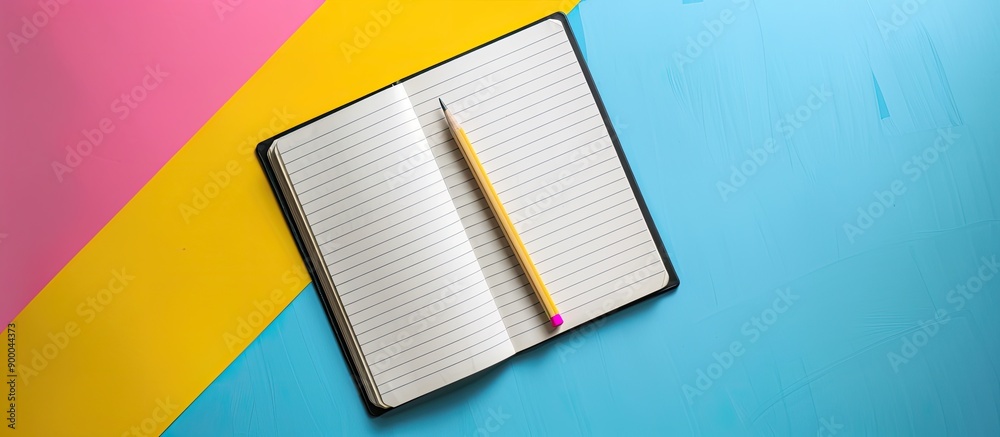 Poster white notebook and pencil on a vibrant table backdrop offer space for presenting writing education b