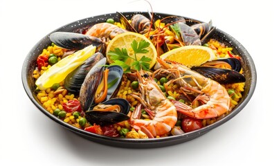 Delectable Seafood Paella: Gourmet Culinary Masterpiece Isolated on White. Succulent Shrimp, Mussels, and Saffron-Infused Rice in Traditional Spanish Dish. Perfect for Restaurant Promotions, Food Mark