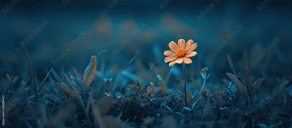 Leinwandbilder a small flower on grass with a nostalgic flair against a blue backdrop with focus on the flower and 