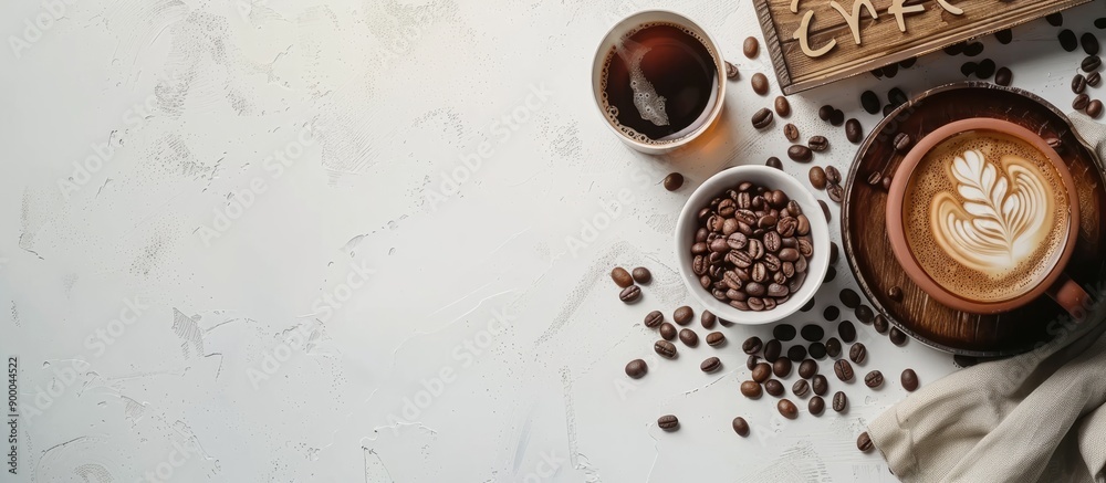 Poster a coffee themed scene with beans and a coffee sign on a white table captured from above ideal for a 