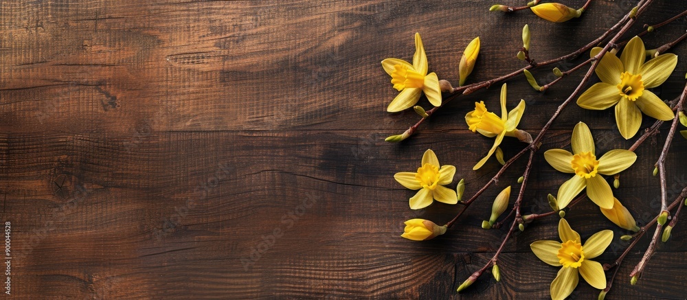 Aufkleber easter themed decor featuring magnolia branch and yellow daffodils on a wooden backdrop with copy sp