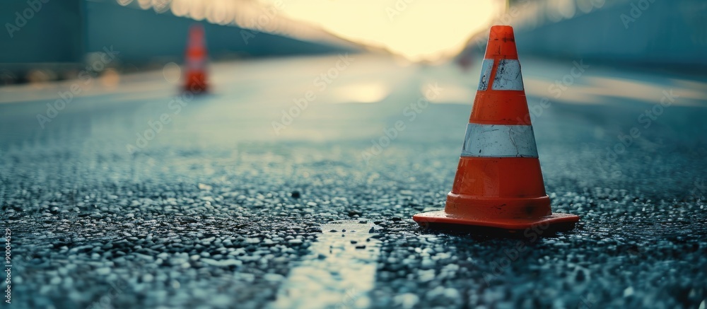 Aufkleber traffic cone on the road with a blank space for an image. with copy space image. place for adding te