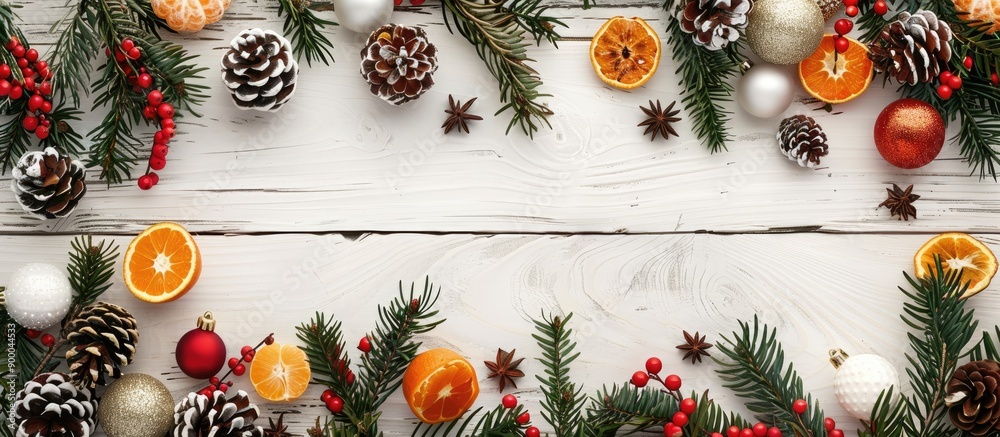 Poster festive holiday backdrop with merry christmas ornaments like branches balls cones tangerines and dec