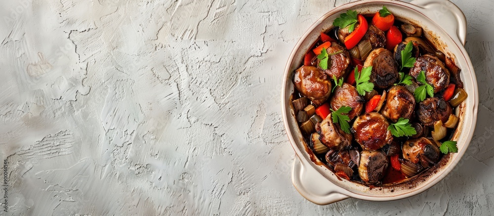Fototapete A dish of cooked chicken livers and vegetables in a baking dish on a light stone surface with text space captured from above. with copy space image. Place for adding text or design