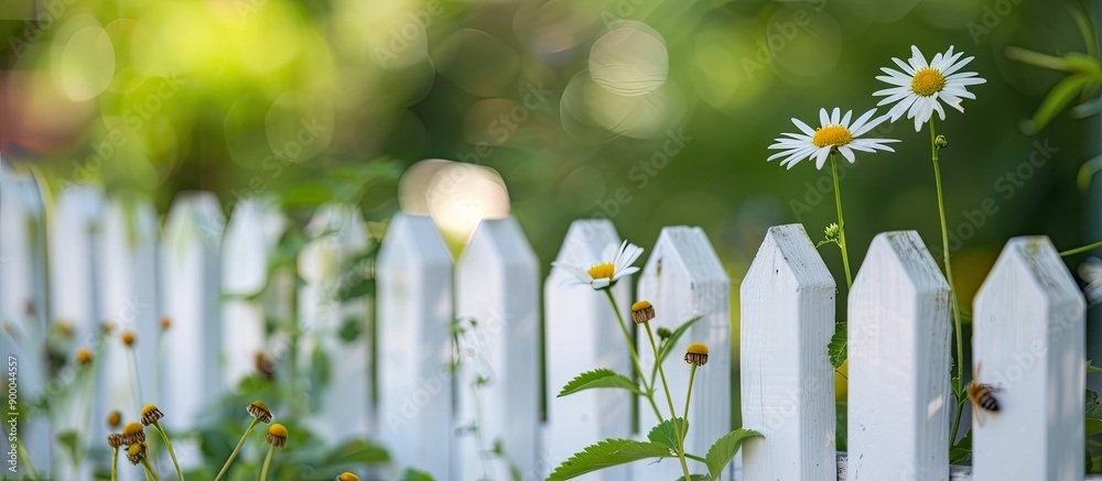 Poster wooden decorations including a bee and daisy adorn a white picket fence in a charming home setting c