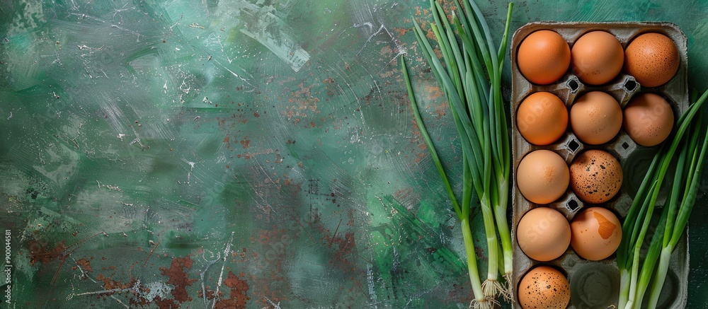 Leinwandbilder chicken eggs and green onions resting in an egg tray against an abstract grunge background with a co