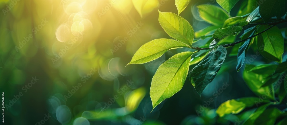 Leinwandbilder sunlit green leaf in nature with blurred background and copy space image for text