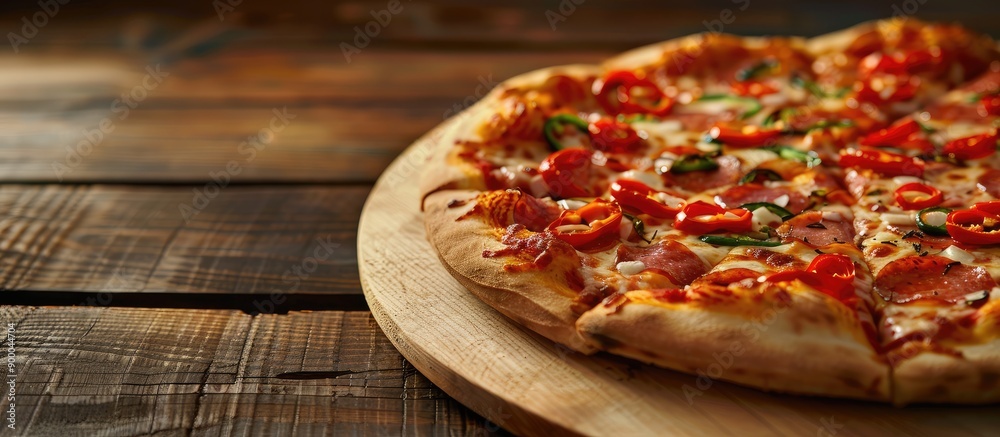 Aufkleber Pizza with peppers is displayed on a wooden table with copy space image