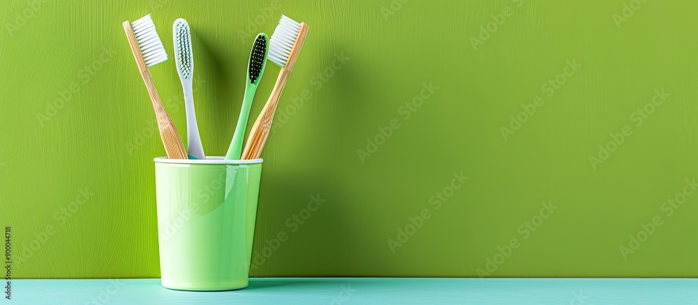 Aufkleber Toothbrushes and holder placed on a green background welcoming text with a copy space image available for customization