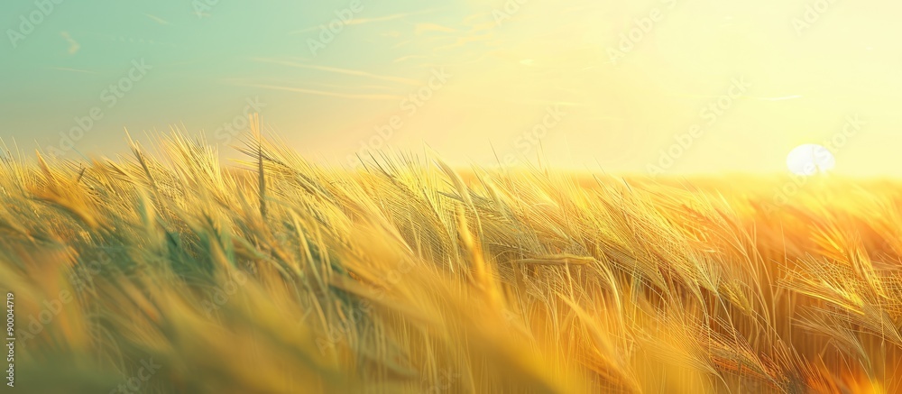 Poster A serene image of a barley field at sunset with a soft effect against a clear sky on a sunny summer day Perfect for adding text with copy space in the picture
