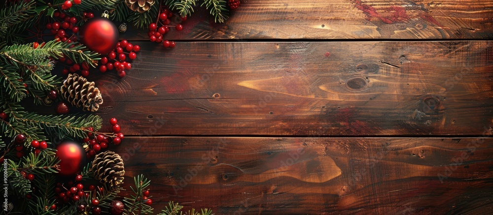 Poster Wooden background adorned with Christmas decorations creating a festive scene with copy space image