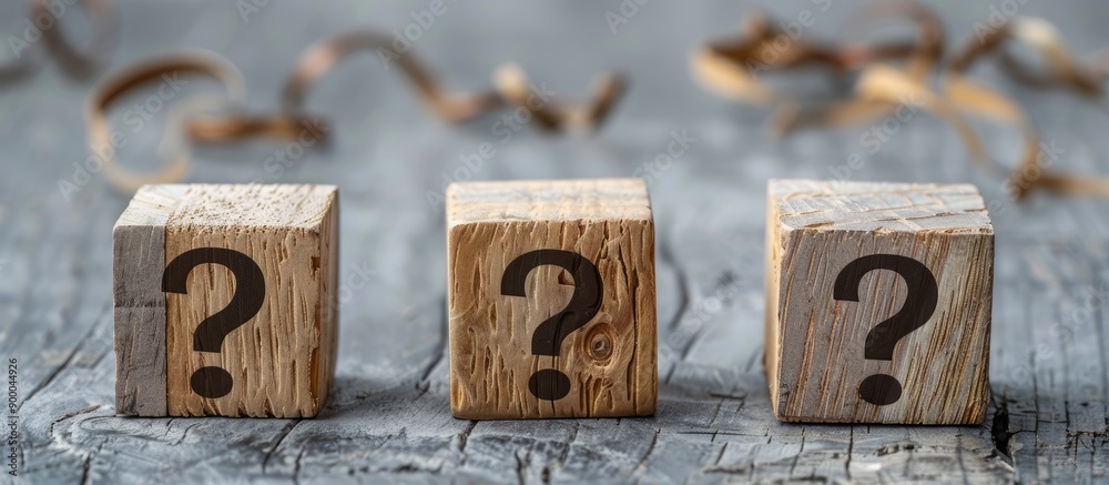 Poster Three wooden cubes with question marks on a grey background with a copy space image