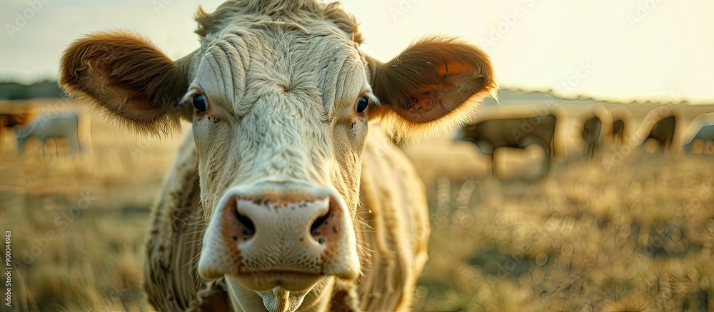 Poster A close up image of a Simmental cow in a pasture with other cows providing ample copy space for text or graphics