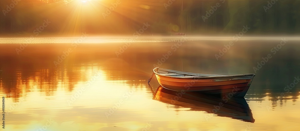 Poster A boat is seen on a sunset lit lake with a blurred effect and soft focus caused by a slow shutter speed in a photograph with copy space image