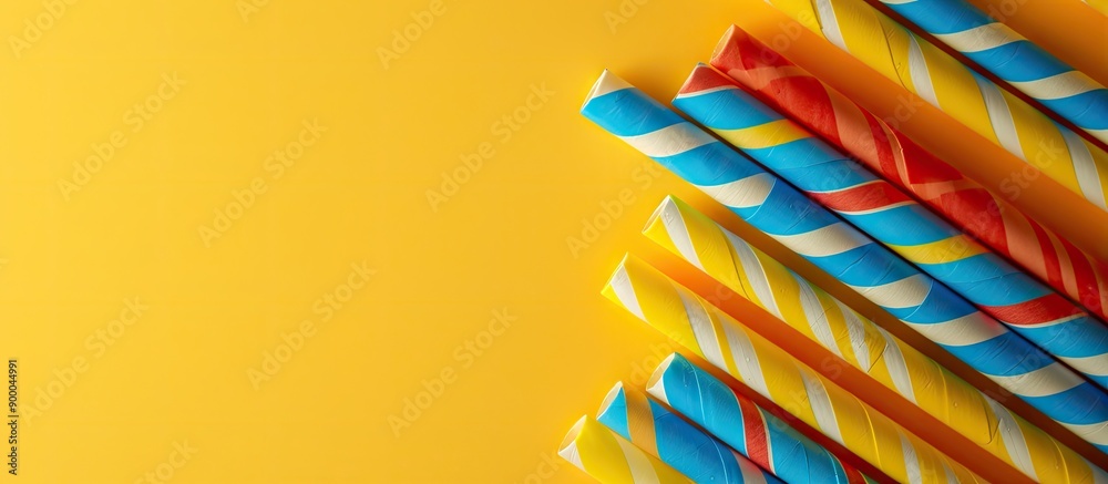 Poster Vibrant paper straws against a yellow backdrop with available space for adding text in the image. with copy space image. Place for adding text or design