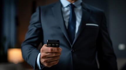 businessman holding a presentation remote, ready to begin a talk