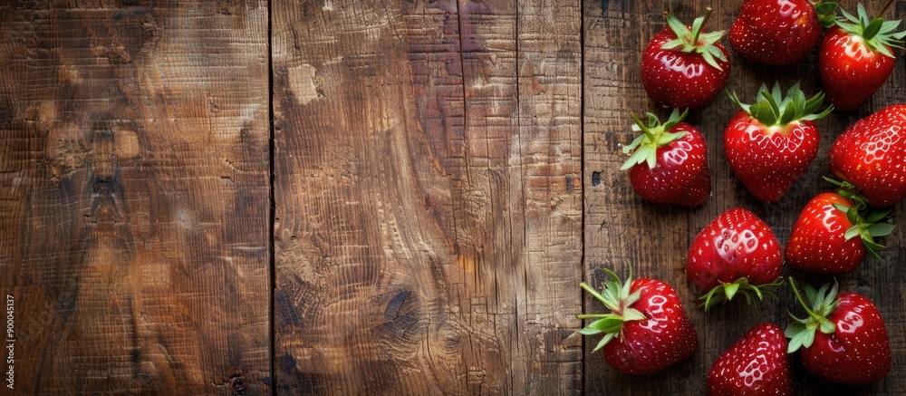 Aufkleber Strawberries placed on wooden surface creating a beautifully rustic background with copy space image for text