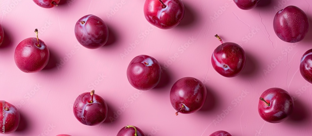 Aufkleber plump ripe plums scattered on a soft pink background with gentle lighting creating a captivating cop