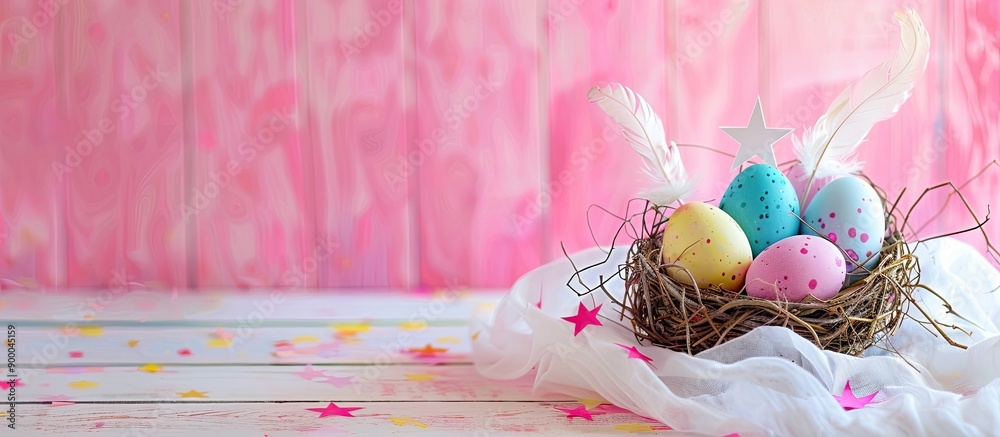 Poster a festive easter scene with a nest filled with colorful eggs a paper star and a feather on white fab
