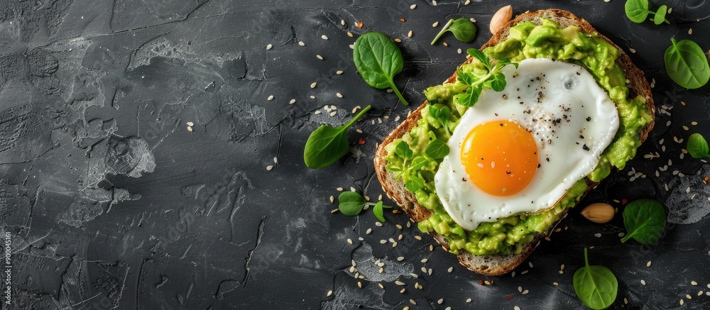 Aufkleber vegetarian avocado toast with egg on bread perfect for breakfast or lunch top view image with copy s