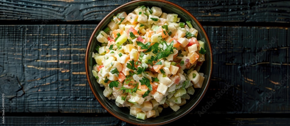 Aufkleber Top down view of a homemade Olivier salad in a bowl on a black wooden surface Ample copy space available in the image for additional text or graphics