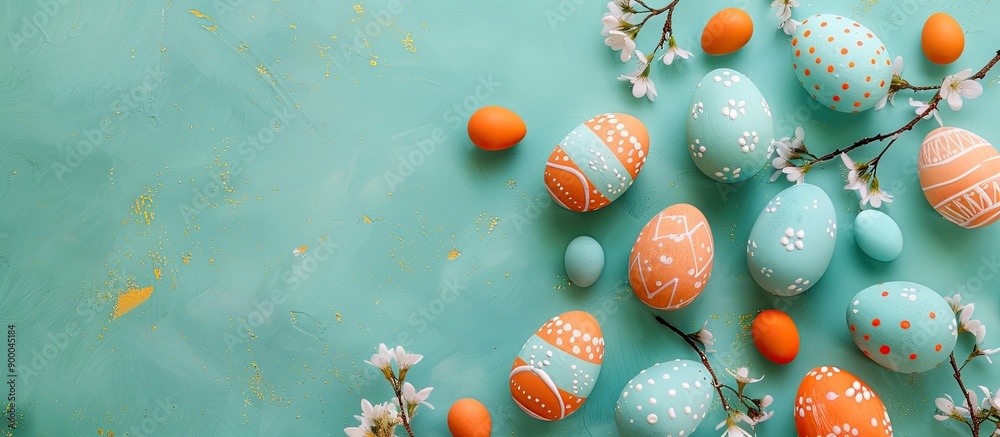 Poster Top view of Easter holiday decoration featuring orange and blue eggs on a green backdrop with copy space image available