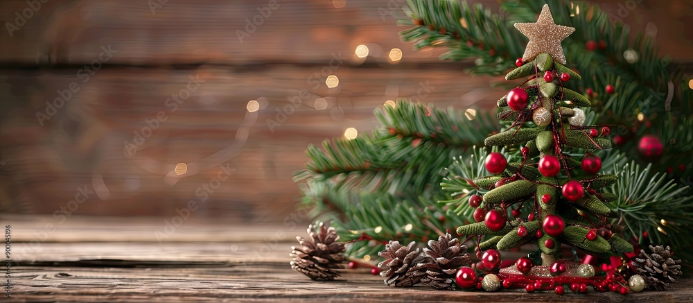 Aufkleber Festive Christmas tree decor on a wooden surface with empty space for text or images. with copy space image. Place for adding text or design