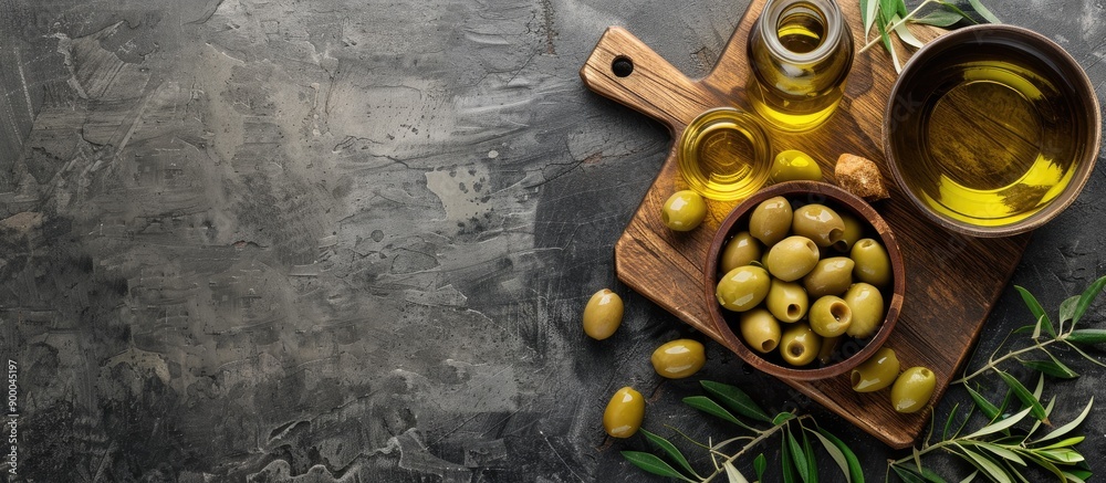 Aufkleber Olives and olive oil in bowls displayed on a cutting board with a top down view suitable for adding text or images on the blank space. with copy space image. Place for adding text or design