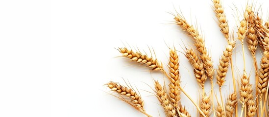 Isolated wheat spikelets on white backdrop with selective focus for food related copy space image