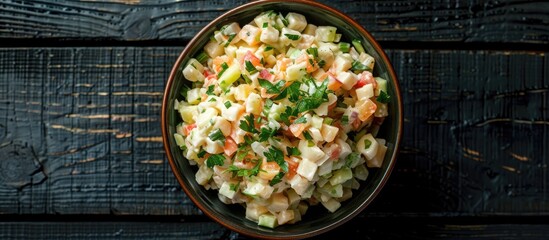 Top down view of a homemade Olivier salad in a bowl on a black wooden surface Ample copy space available in the image for additional text or graphics