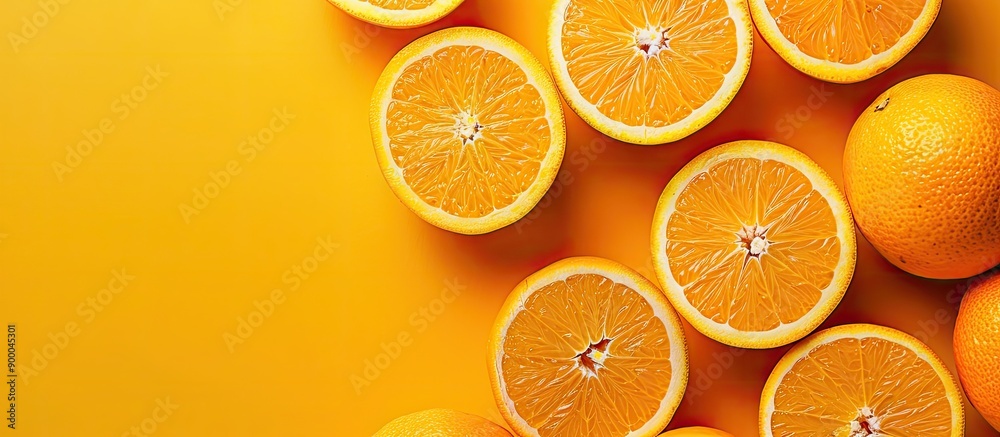Leinwandbilder Cut oranges with a detailed texture on a yellow background Clipping path included for copy space image