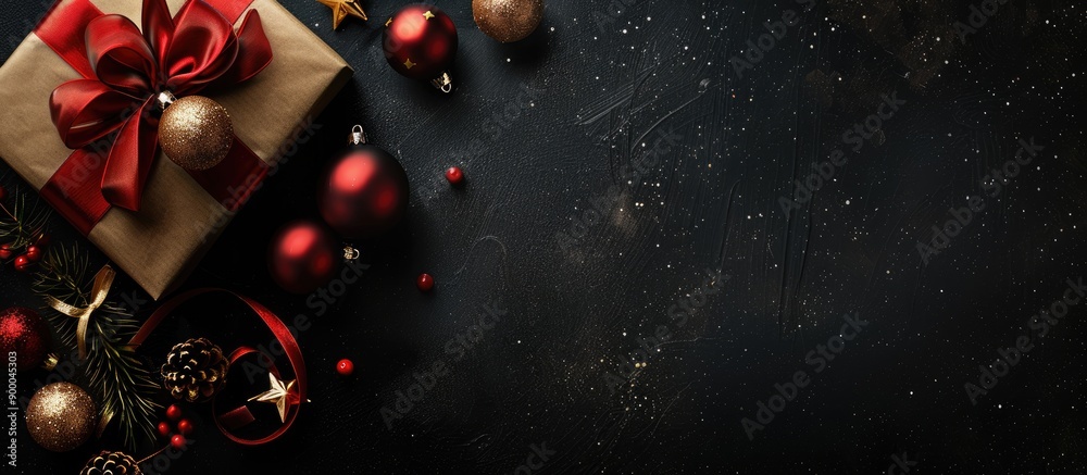 Poster top view of a festive banner design featuring a gift box christmas balls and a dark black background