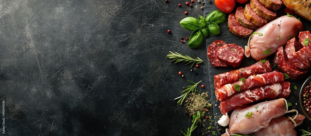Aufkleber top view of assorted seasoned raw meats on a dark backdrop with ample copy space image
