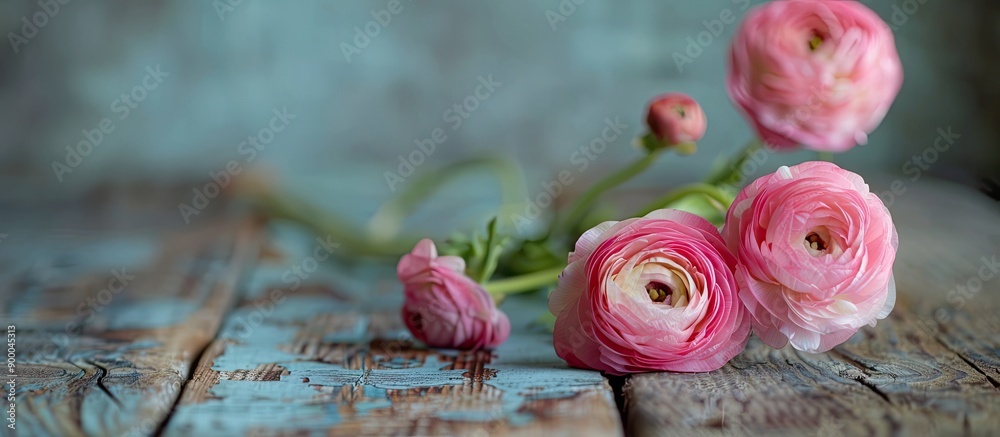 Aufkleber Curly pink Persian buttercup ranunculus displayed on a wooden table with copy space image available