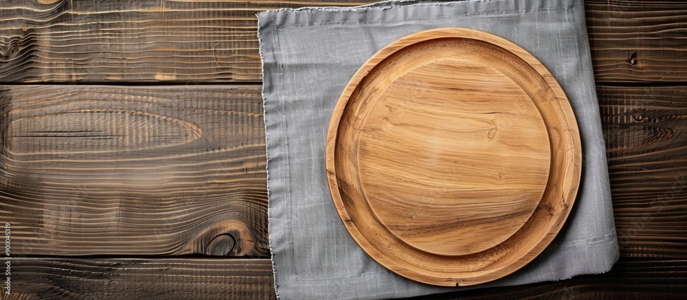 Leinwandbilder overhead view of an empty wooden plate on a gray napkin placed on a wooden table with copy space ima