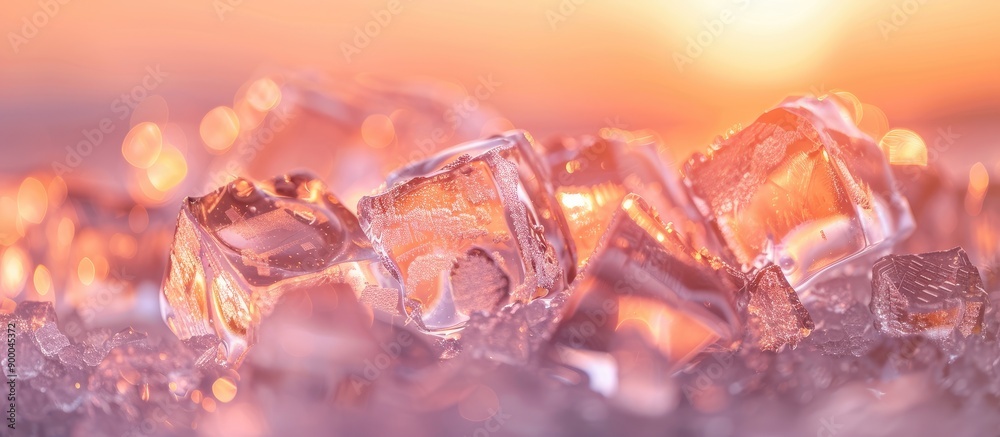 Poster Selective focus on numerous transparent ice cubes on a bright backdrop with room for text within the copy space image