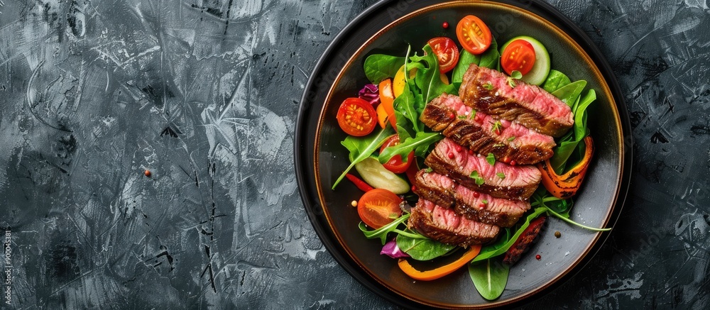 Aufkleber Fried steak slices served with veggies on a plate with a generous copy space image for presentation