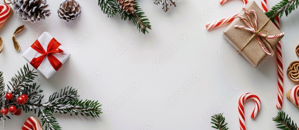 Poster festive holiday arrangement featuring a present evergreen branches and sweets on a blank white backd