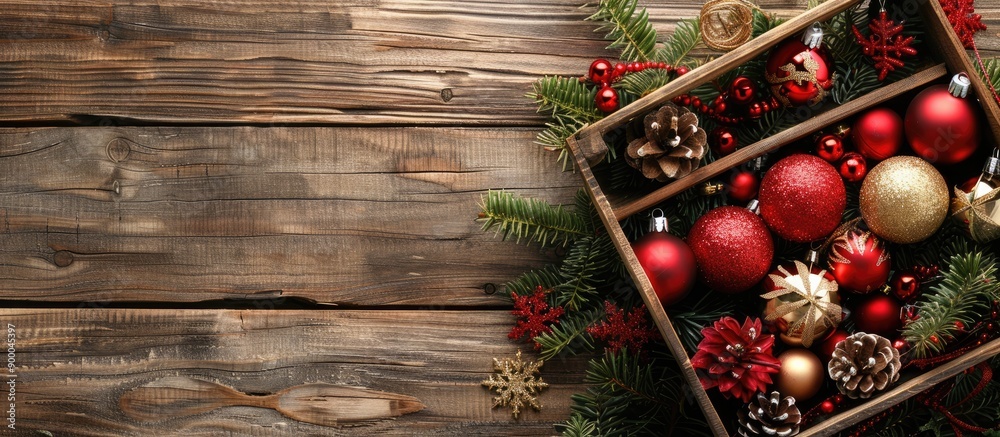 Poster rustic christmas decorations are neatly arranged in a box on a wooden background creating the perfec