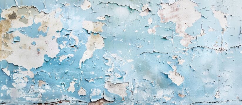 Vintage grunge texture with copy space image on cracked white surface revealing irregular spots of paint peeling off a blue wall or ceiling