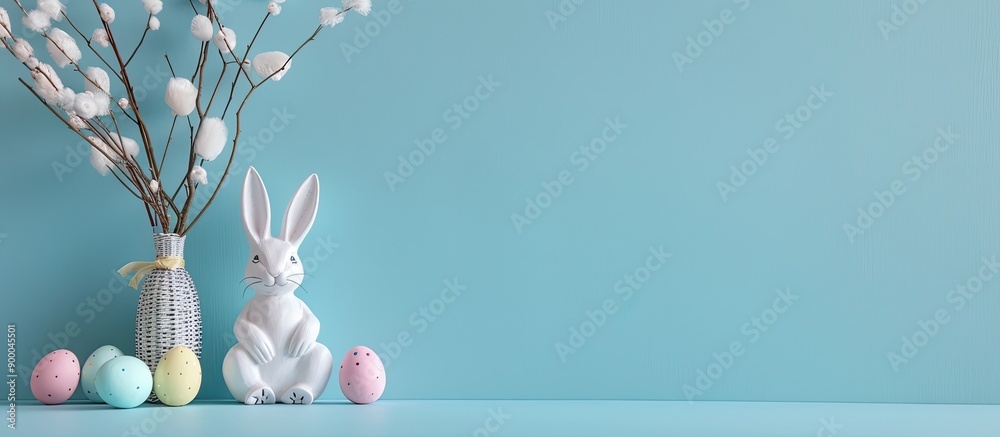 Aufkleber Spring themed Easter holiday arrangement featuring a willow branch white rabbit statuette and colorful painted eggs on a soft pastel blue backdrop with a front view and space for text in the image