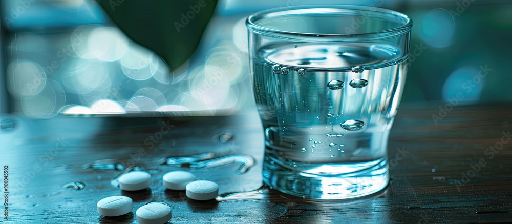 Poster a glass of water with medication next to it featuring copy space image